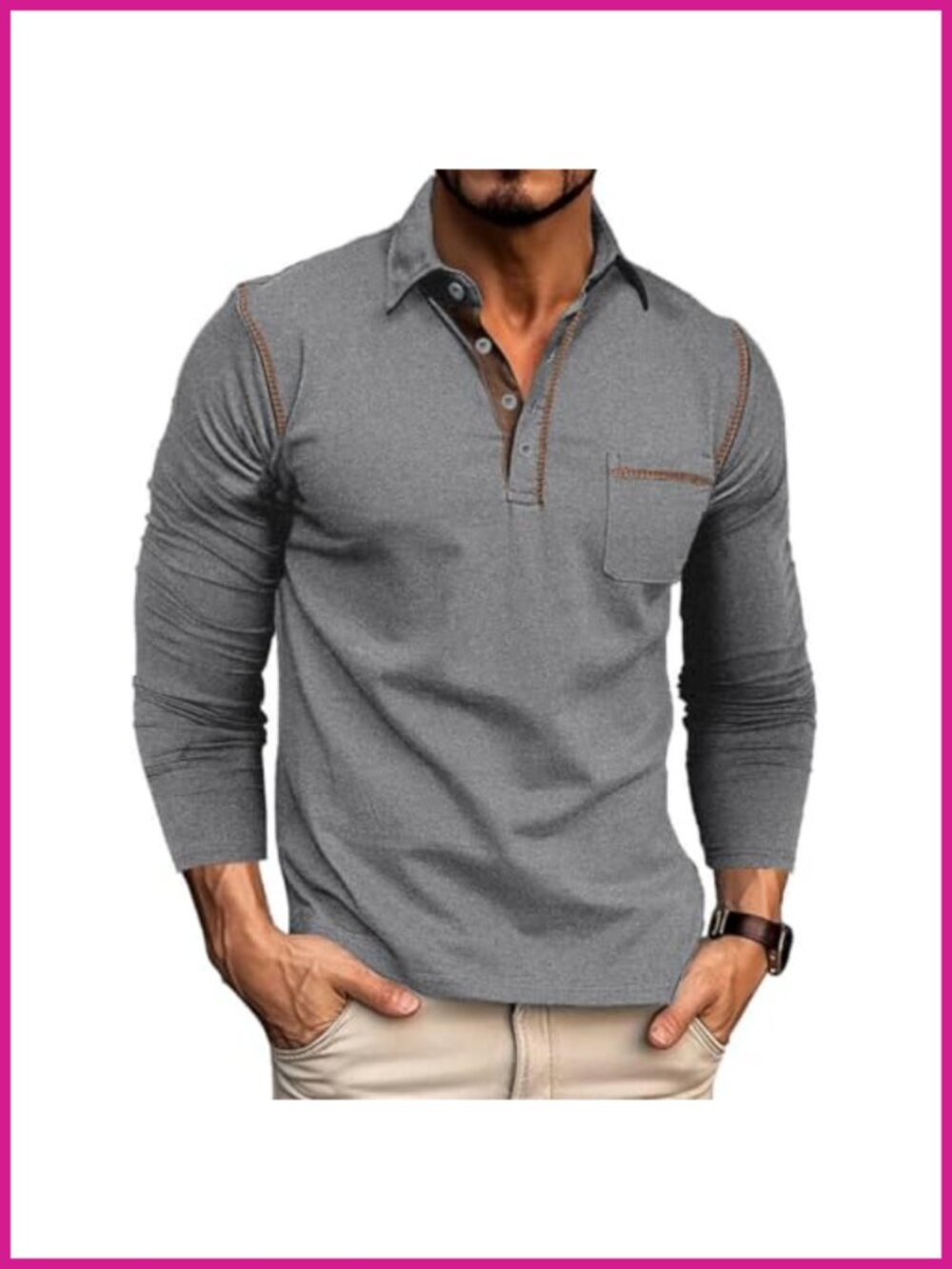 Mens Long Sleeve Polo Shirt Collared Casual Fit Button Closure Wicking
